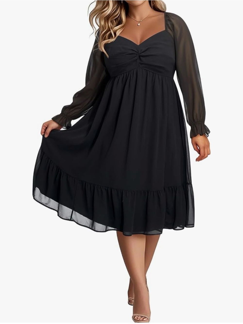 Talisea Relaxed Fit Black Chiffon Midi Dress with Long Sheer Sleeves 22W NWT